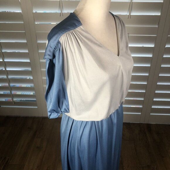 Vtg 70 Act I Blue Silver Blouson Disco Polyester Dress Medium Stretch 1/2 Sleeve - Picture 12 of 12